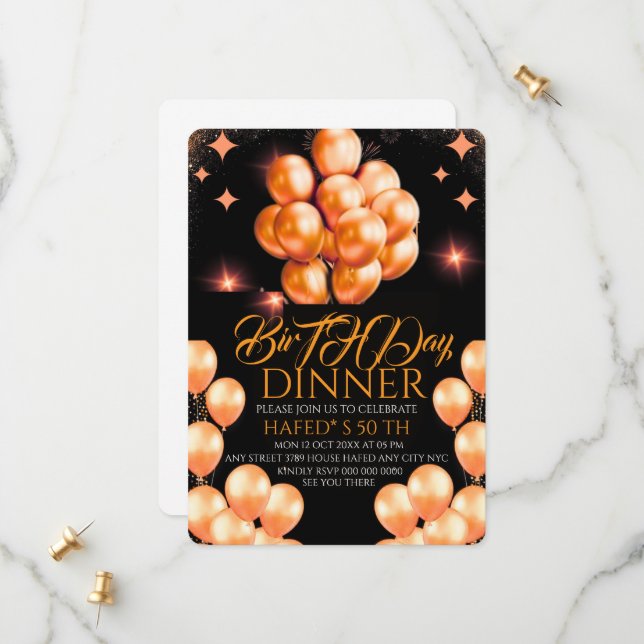 Digital Birthday Dinner Invitation Template, Black (Front/Back In Situ)