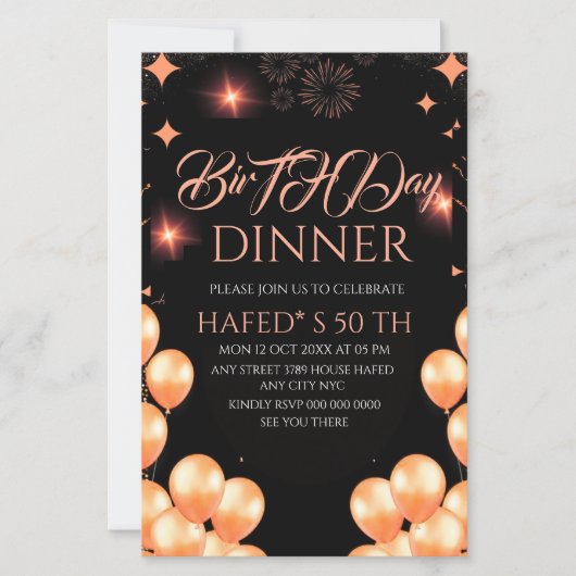 Digital Birthday Dinner Invitation Template, Black (Front)