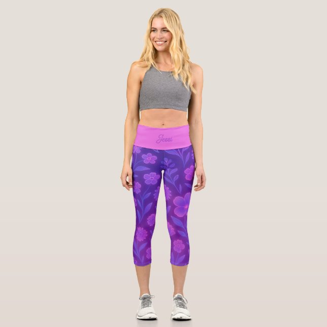 Digital Bloom Pattern  |Custom  Futuristic Floral  Capri Leggings (Front)