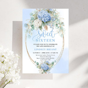 Digital Blue Floral Gold Sweet Sixteen Celebration Invitation