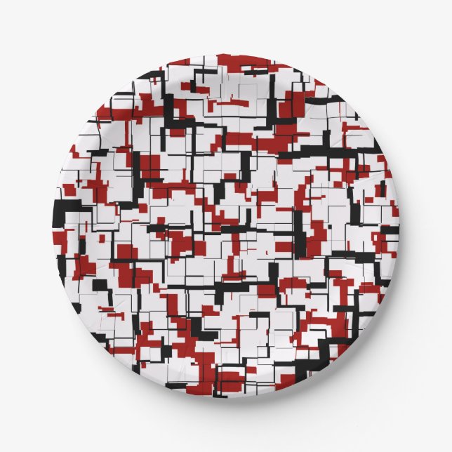 Digital Camo Black White Red Pattern Paper Plates (Front)