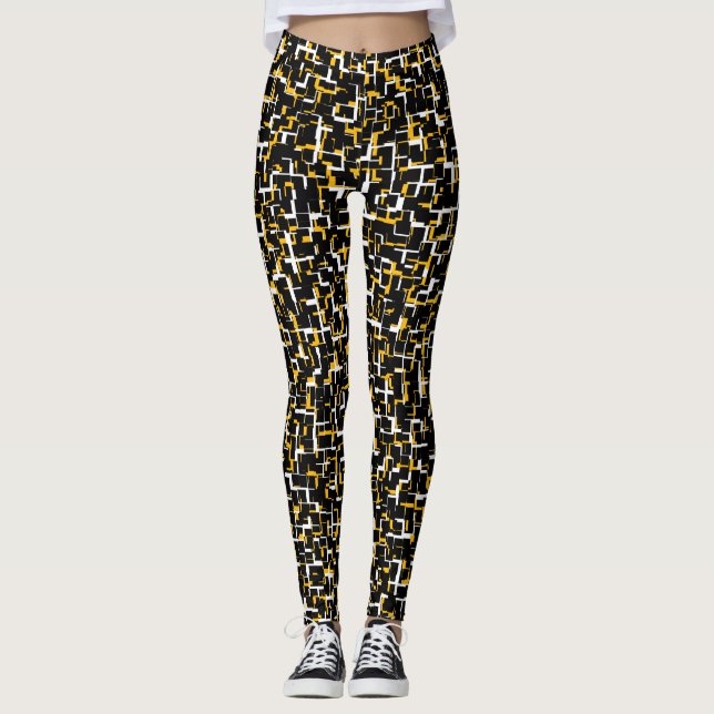 Digital Camo Black White Yellow Pattern Leggings (Front)