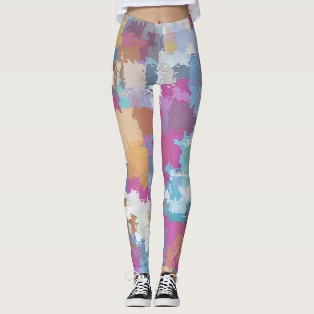 Digital Camo Blue Yellow Pink Pattern Leggings (Front)