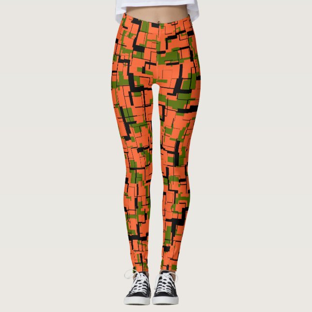 Digital Camo Green Orange Black Pattern Leggings (Front)