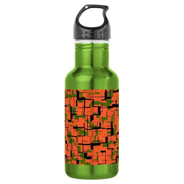 Digital Camo Green Orange Black Pattern Water Bottle (Front)
