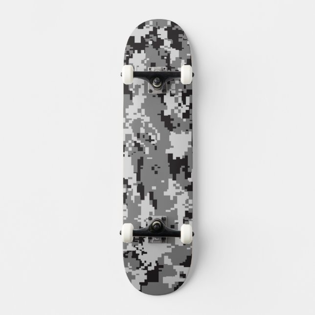 Digital Camouflage Black and White Skateboard Deck (Front)