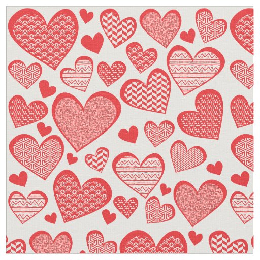Digital Collage Style Red Patterned Hearts Fabric