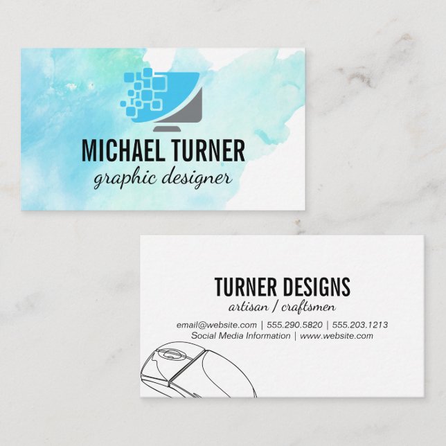 Digital Computer Logo | Watercolor Business Card (Front/Back)