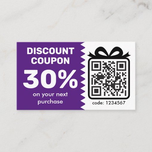 Digital Discount Coupon With QR Code Logo Purple Business Card Zazzle