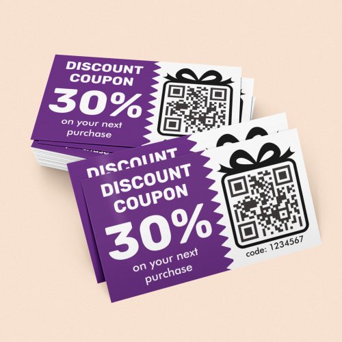 Digital Discount Coupon With QR Code Logo Purple Business Card