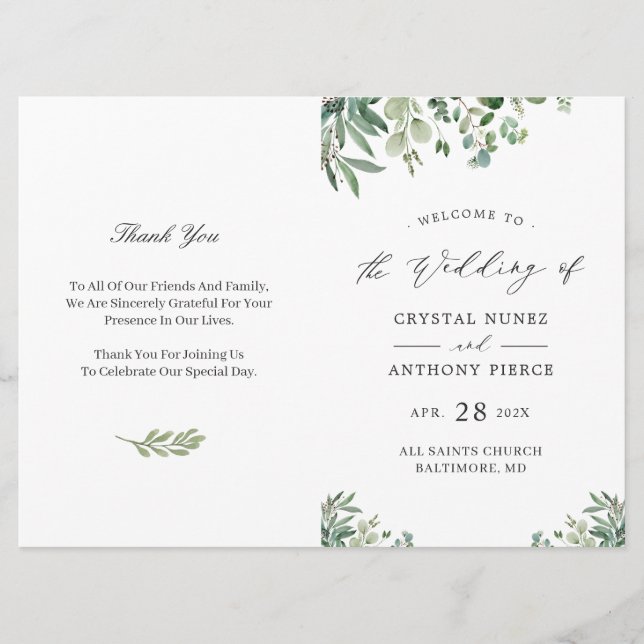 Digital Download Eucalyptus Leaves Wedding Program (Front)