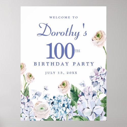 Digital Download Hydrangea 100th Birthday Welcome Poster