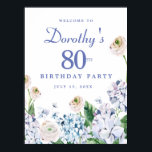 Digital Download Hydrangea 80th Birthday Welcome Poster<br><div class="desc">You can download this summer floral welcome sign immediately. Soft dusty blue and purple hydrangeas mix with soft blush white and pink wild roses. The birthday celebrant's name is written in an easy-to-read script font. the Birthday year and date follow in a bold traditional serif font. All of the text...</div>