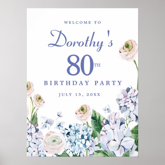 Digital Download Hydrangea 80th Birthday Welcome Poster (Front)