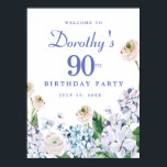Digital Download Hydrangea 90th Birthday Welcome Poster<br><div class="desc">You can download this summer floral welcome sign immediately. Soft dusty blue and purple hydrangeas mix with soft blush white and pink wild roses. The birthday celebrant's name is written in an easy-to-read script font. the Birthday year and date follow in a bold traditional serif font. All of the text...</div>