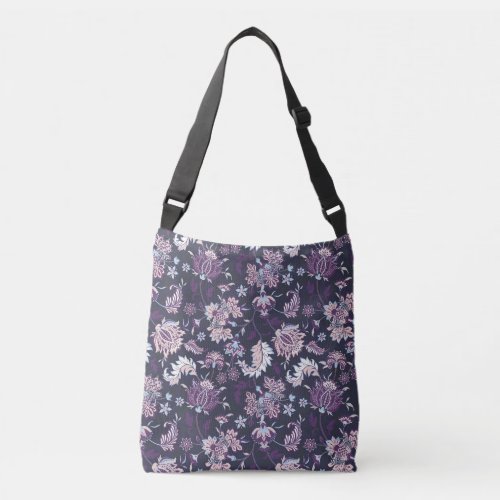 Digital floral pattern on purple background crossbody bag