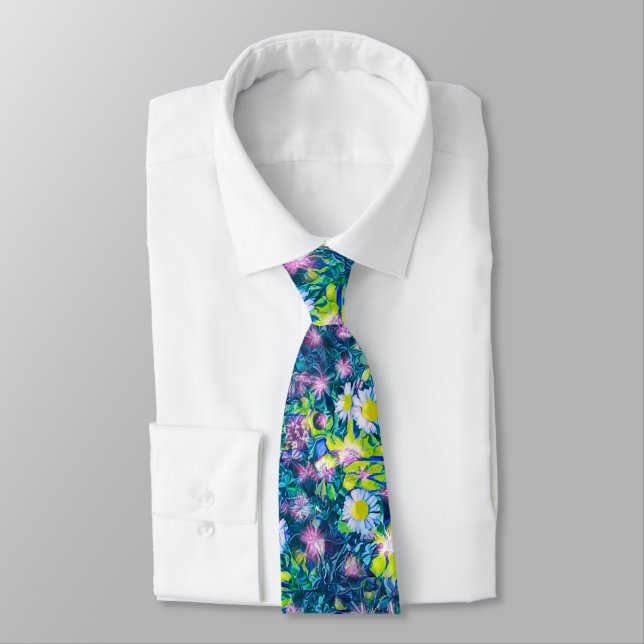 Digital Floral Summer Blues Wardrobe Upgrade Cool  Neck Tie (Tied)