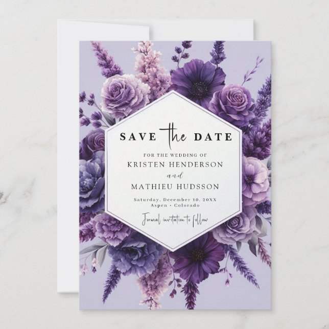 Digital Flowers Purple Floral Wedding Save The Date (Front)