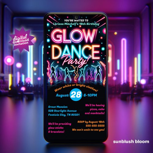 Digital Glow in the Dark Dance Birthday Invitation