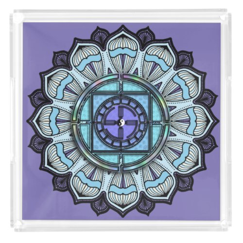 Digital Lavender Aqua Mandala Black White Yin Yang Acrylic Tray