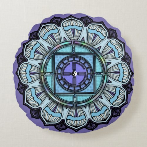 Digital Lavender Aqua Mandala Black White Yin Yang Round Pillow