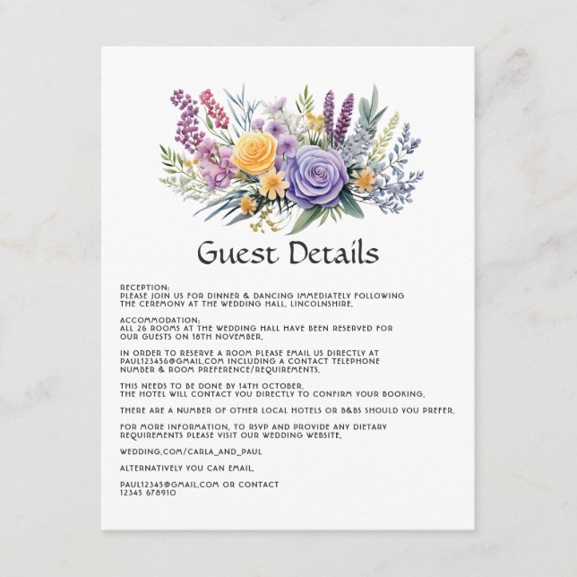 Digital Lavender Floral Wedding Guest Details Enclosure Card (Front)