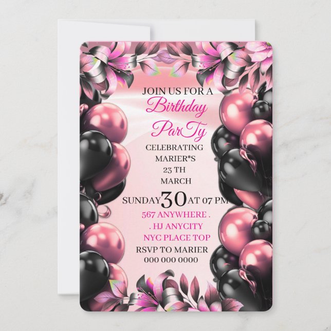Digital Let's Party Pink Glitter Balloons Birthday Invitation (Front)