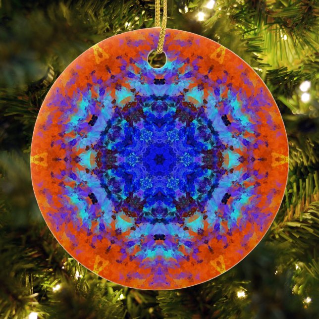 Digital Mandala Blue and Orange Ceramic Ornament (Blue and Orange Digital Paint Mandala Ornament by Wormhole Orbital)
