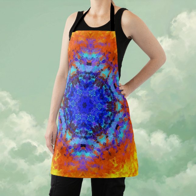 Digital Mandala Blue Orange and Yellow Apron (Blue Orange and Yellow Digital Mandala Apron by Wormhole Orbital)