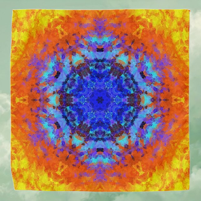 Digital Mandala Blue Orange and Yellow Bandana (Blue Orange and Yellow Digital Mandala Bandana by Wormhole Orbital)