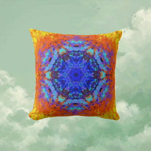 Digital Mandala Blue Orange and Yellow Throw Pillow