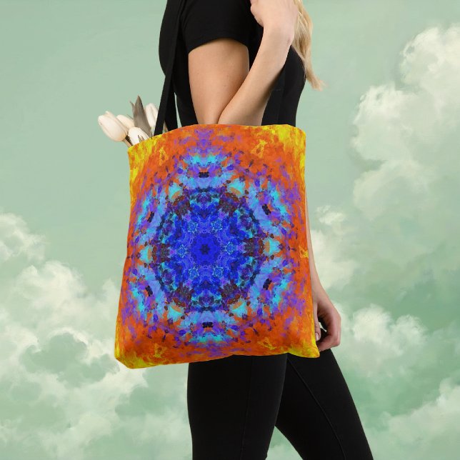 Digital Mandala Blue Orange and Yellow Tote Bag (Blue Orange and Yellow Digital Mandala Tote Bag by Wormhole Orbital)