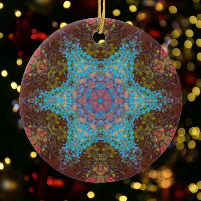 Digital Mandala Blue Red and Green Ceramic Ornament (Creator Uploaded)