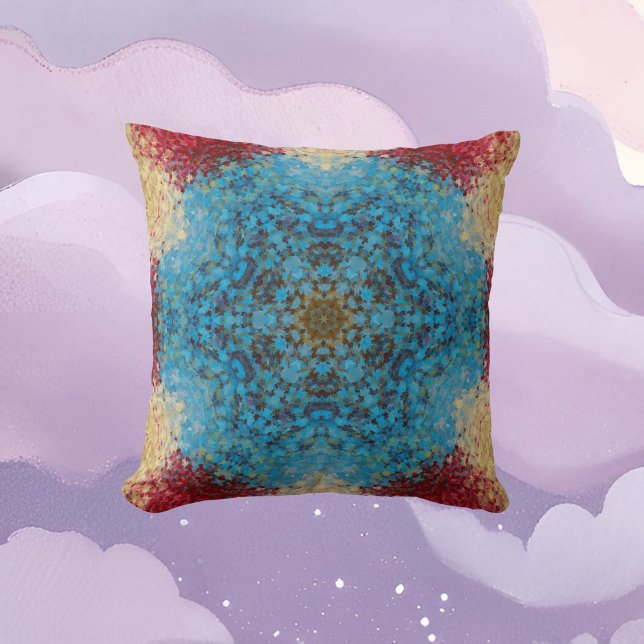 Digital Mandala Blue Red and Yellow Throw Pillow (Creator Uploaded)