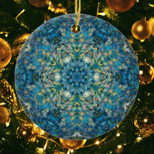Digital Mandala Blue White and Yellow Ceramic Ornament