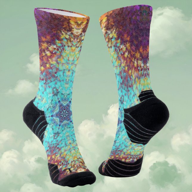 Digital Mandala Blue Yellow and Purple Socks (Blue Yellow and Purple Digital Paint Mandala Socks By Wormhole Orbital)