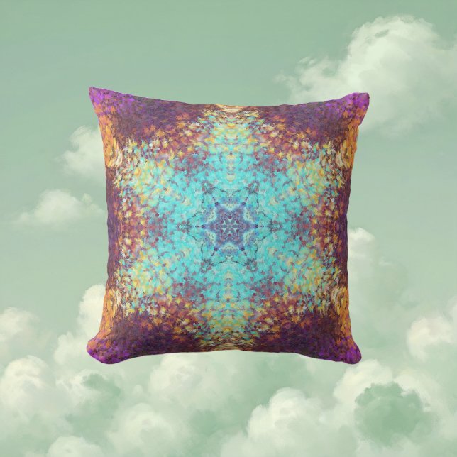 Digital Mandala Blue Yellow and Purple Throw Pillow (Blue Yellow and Purple Digital Paint Mandala Throw Pillow By Wormhole Orbital)