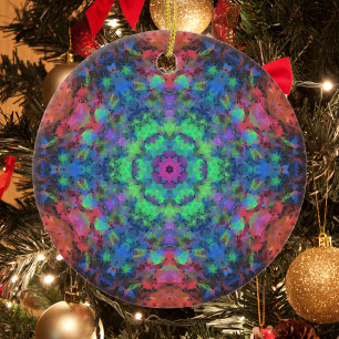 Digital Mandala Green Blue Orange and Pink Ceramic Ornament
