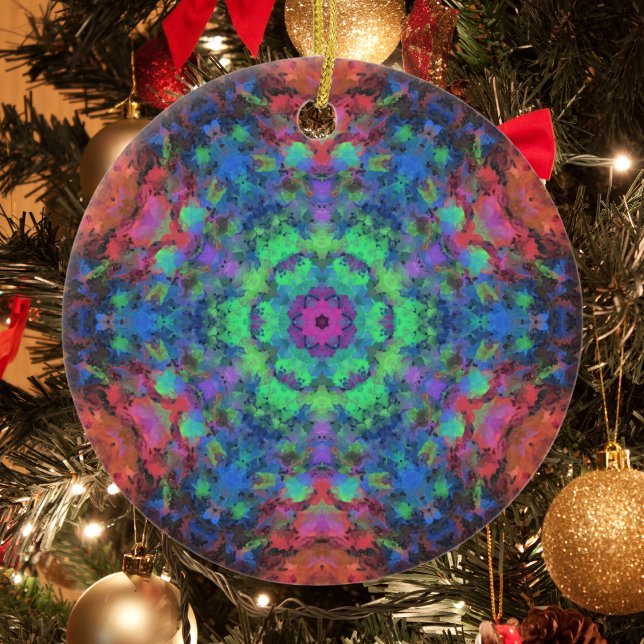 Digital Mandala Green Blue Orange and Pink Ceramic Ornament (Creator Uploaded)