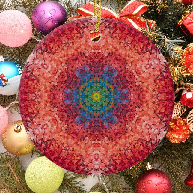 Digital Mandala Orange Blue and Red Ceramic Ornament (Creator Uploaded)