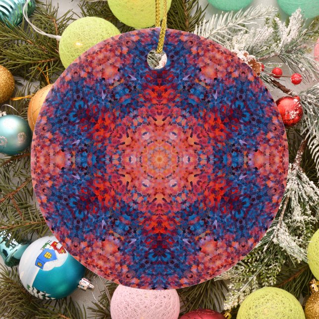 Digital Mandala Orange Blue and Red Ceramic Ornament (Creator Uploaded)