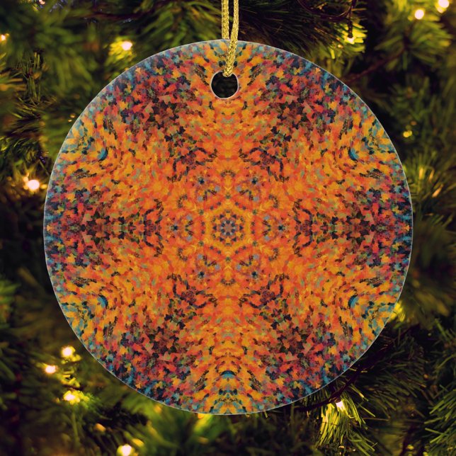 Digital Mandala Orange Blue and Yellow Ceramic Ornament (Orange Yellow and Blue Digital Paint Mandala Ornament by Wormhole Orbital)