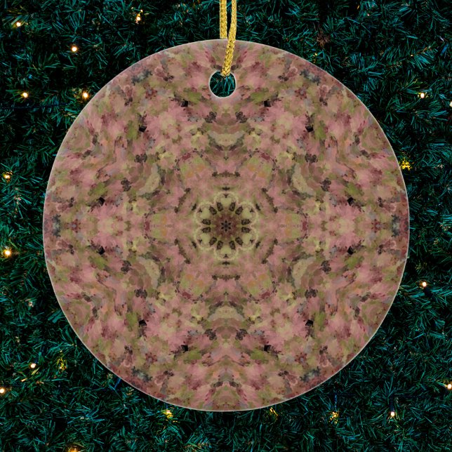 Digital Mandala Pink and Yellow Ceramic Ornament (Pink and Yellow Digital Paint Mandala Ornament by Wormhole Orbital)