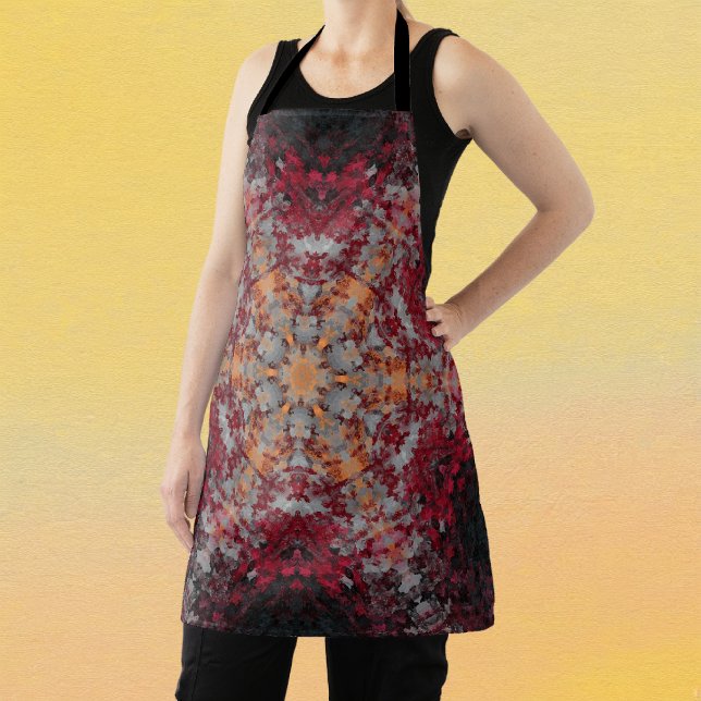 Digital Mandala Red White Orange and Black Apron (Red White Orange and Black Digital Paint Mandala Apron By Wormhole Orbital)