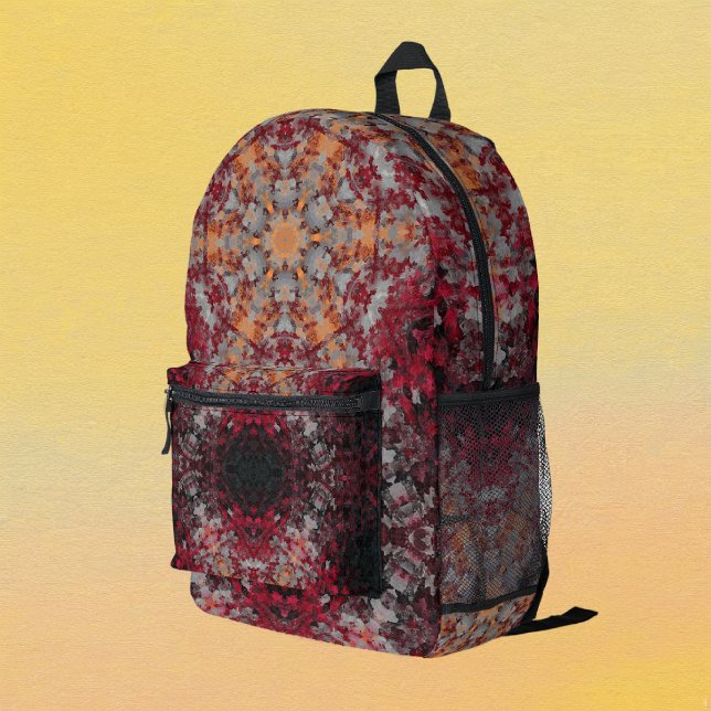Digital Mandala Red White Orange and Black Printed Backpack (Red White Orange and Black Digital Paint Mandala Backpack By Wormhole Orbital)