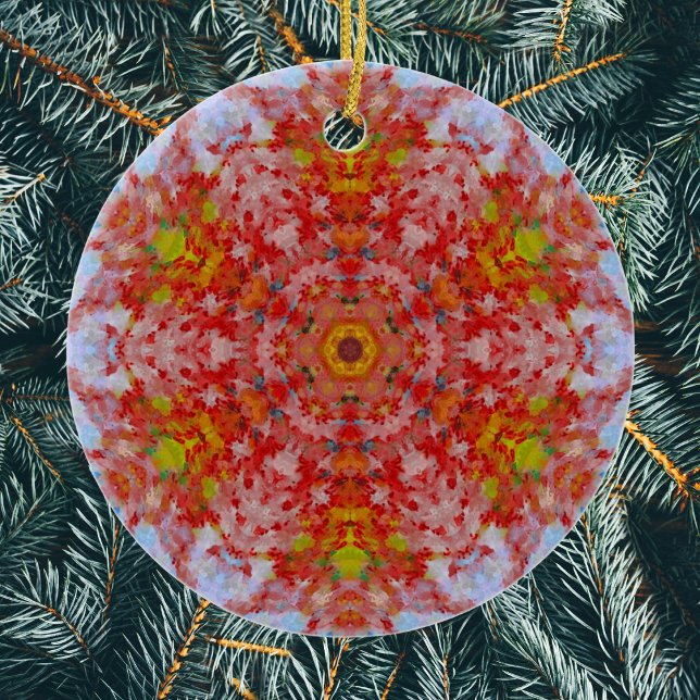 Digital Mandala Red Yellow and Blue Ceramic Ornament (Red Yellow and Blue Digital Paint Mandala Ornament by Wormhole Orbital)
