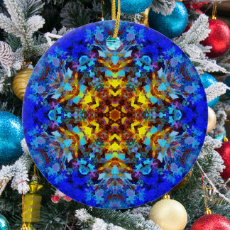 Digital Mandala Yellow and Blue Ceramic Ornament