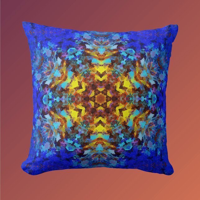 Digital Mandala Yellow and Blue Throw Pillow (Creator Uploaded)