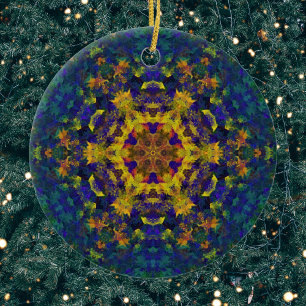 Digital Mandala Yellow Blue and Green Ceramic Ornament