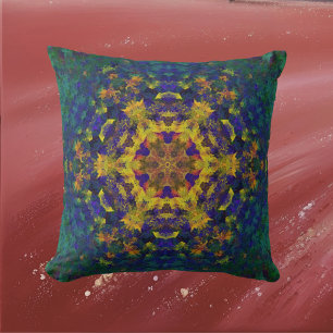 Digital Mandala Yellow Blue and Green Throw Pillow